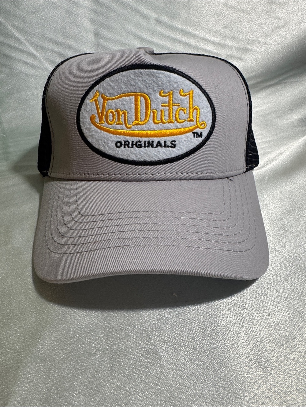 Von Dutch Gray and Black Trucker Cap with Yellow Embroidered Logo🔥New!
